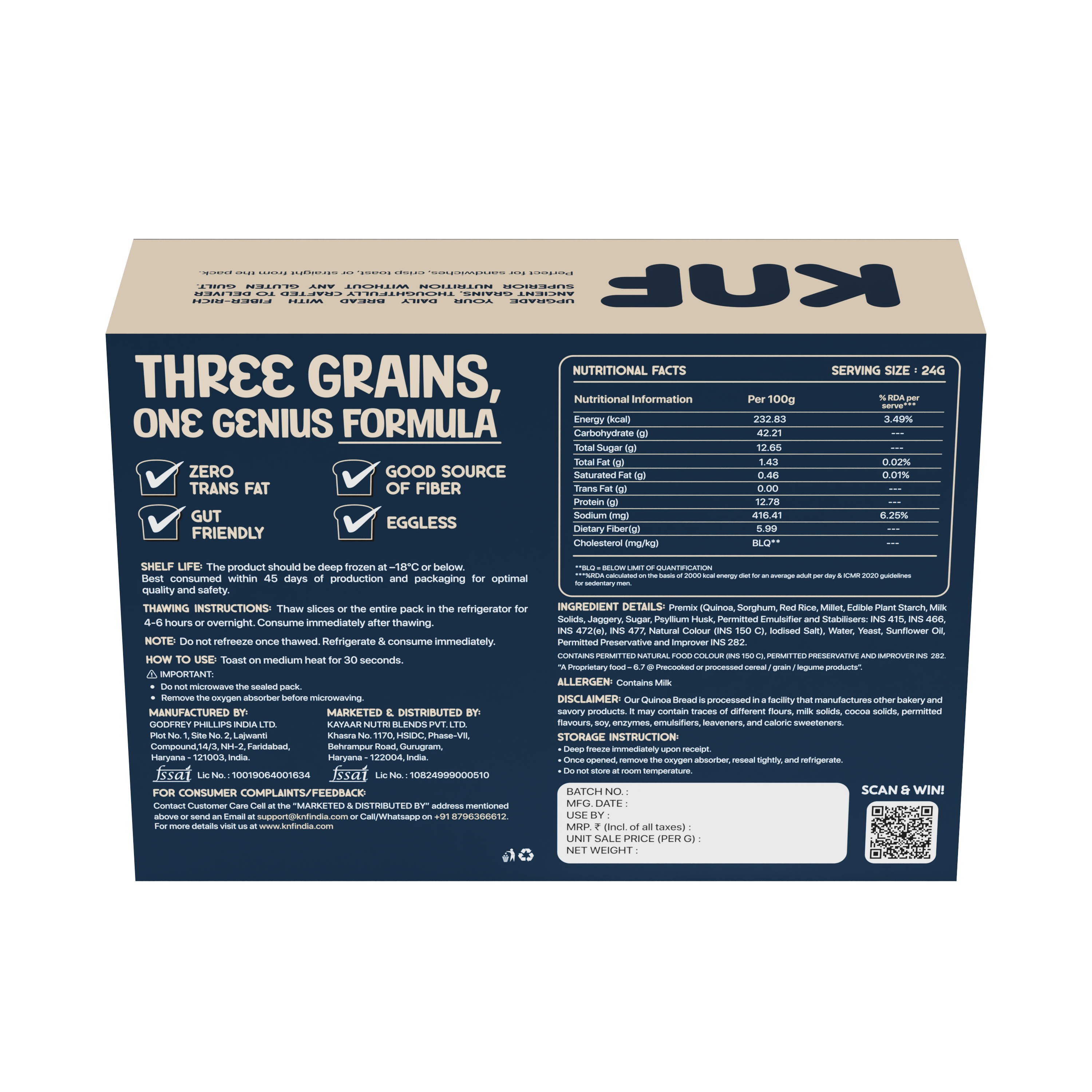KNF 100% Gluten Free Quinoa Bread | Fiber-Rich| No Maida, No Palm Oil, No Malt Powder | 300g, 10 Slices