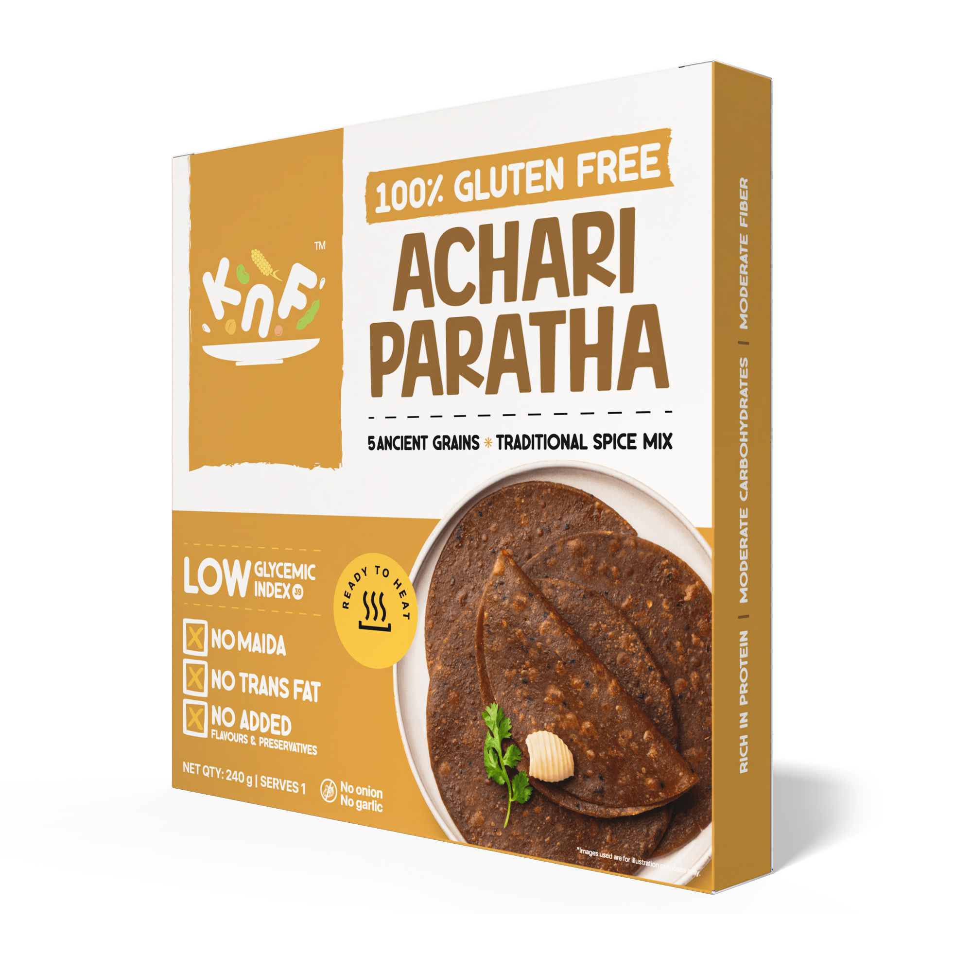 KNF 100% Gluten Free Achari Paratha | No Maida, No Trans Fat | No Added Colors & Preservatives | Ready to Heat | 240g (Serves 3)