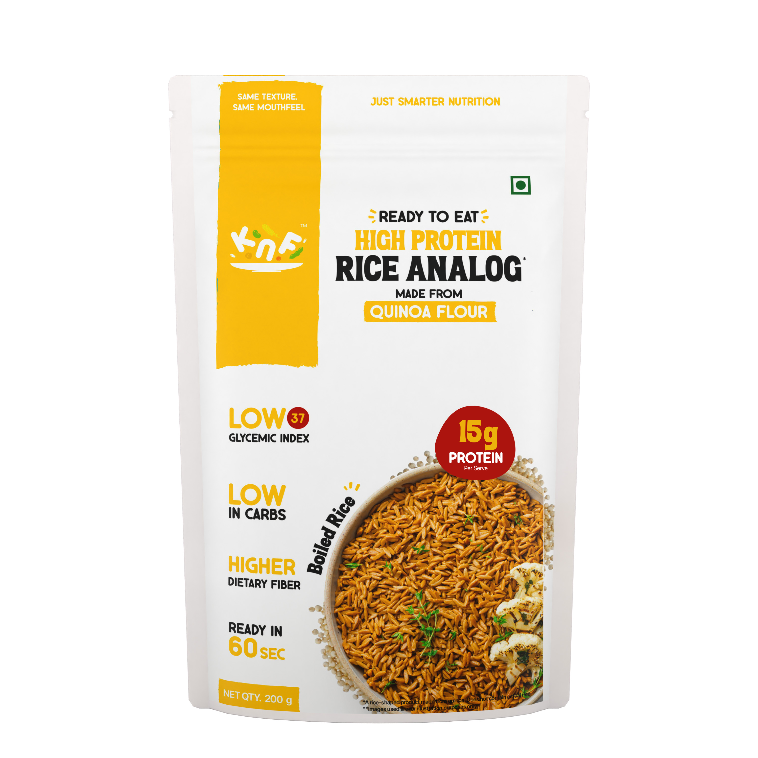 KNF Quinoa Rice | Boiled Rice Made from Quinoa Flour, 14g Protein, Low Glycemic, High Fiber, Vegan, Ready in 30 Seconds – 200g