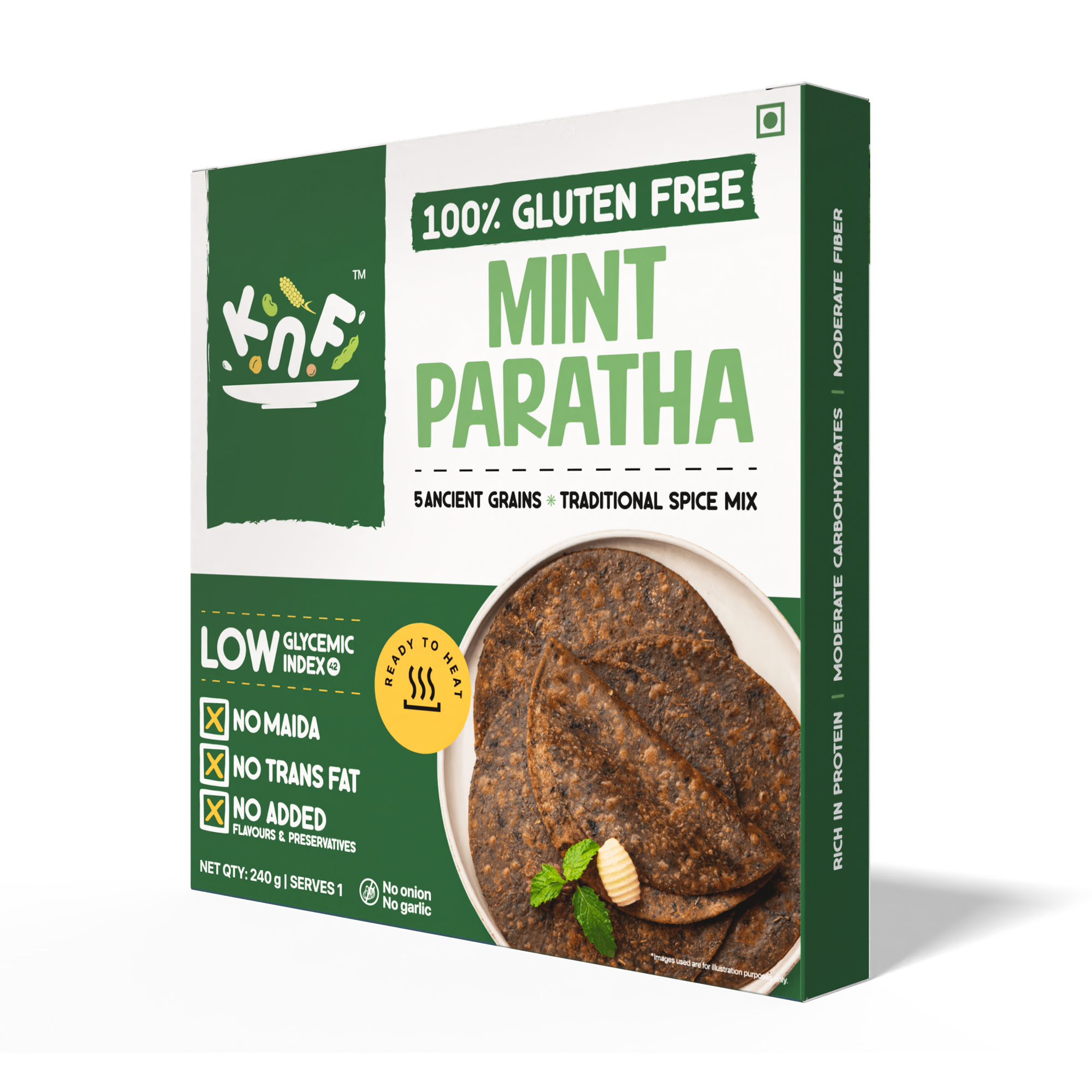 KNF 100% Gluten Free Mint Paratha | No Maida, No Trans Fat | No Added Colors & Preservatives | Ready to Heat | 240g (Serves 3)