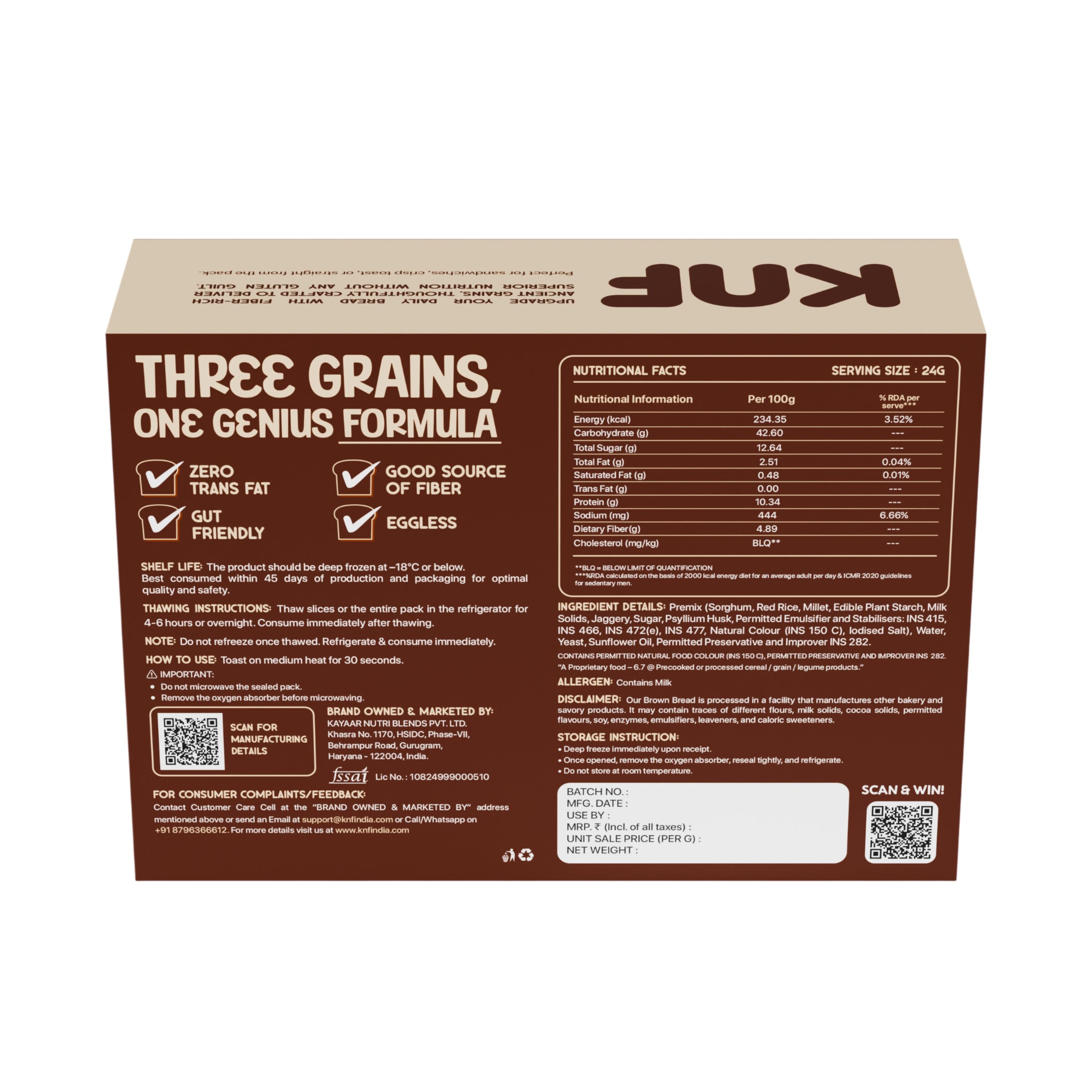 KNF 100% Gluten Free Brown Bread | Fiber-Rich Formula | No Maida, No Palm Oil, No Malt Powder | 300g, 10 Slices