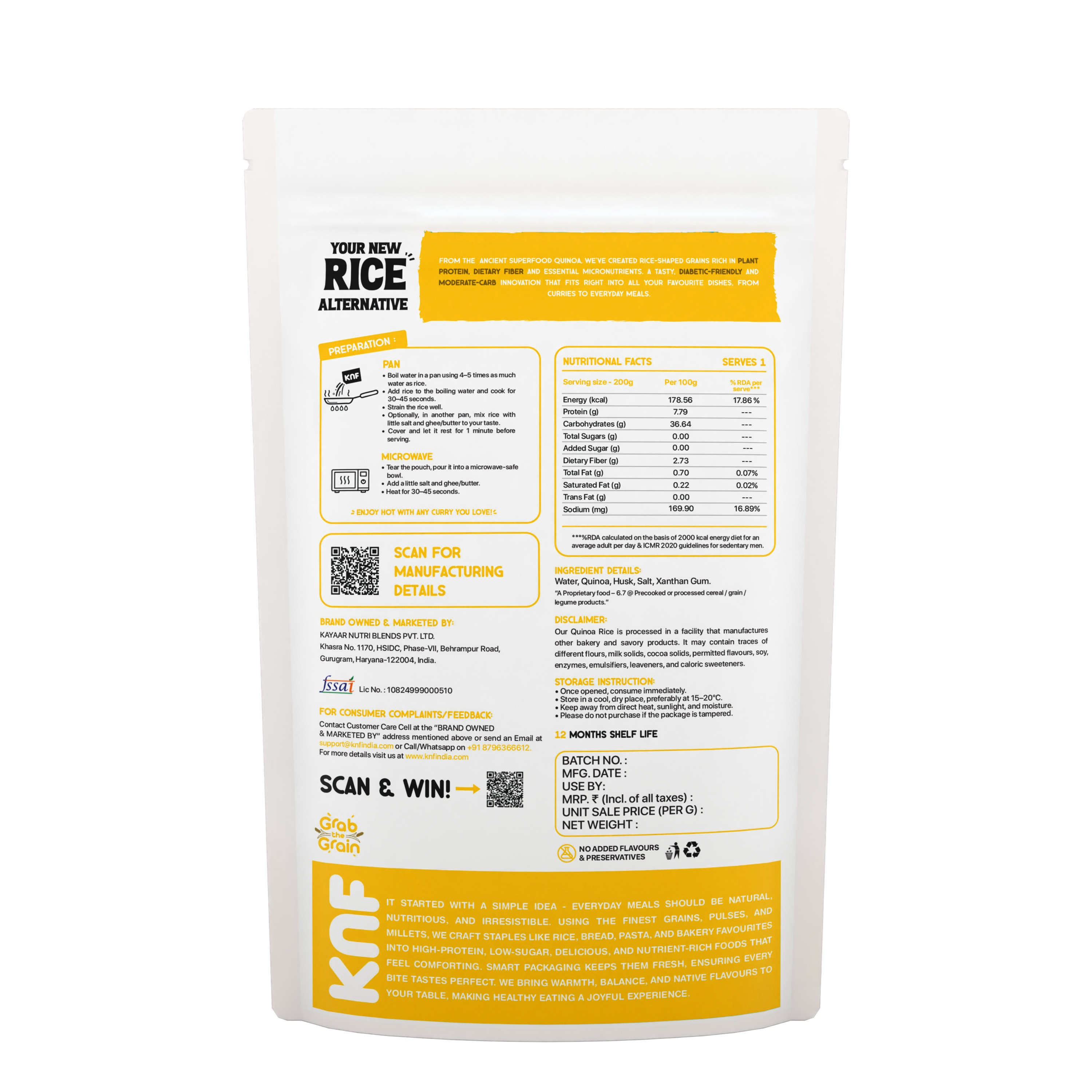 KNF Quinoa Rice | Boiled Rice Made from Quinoa Flour, 14g Protein, Low Glycemic, High Fiber, Vegan, Ready in 30 Seconds – 200g