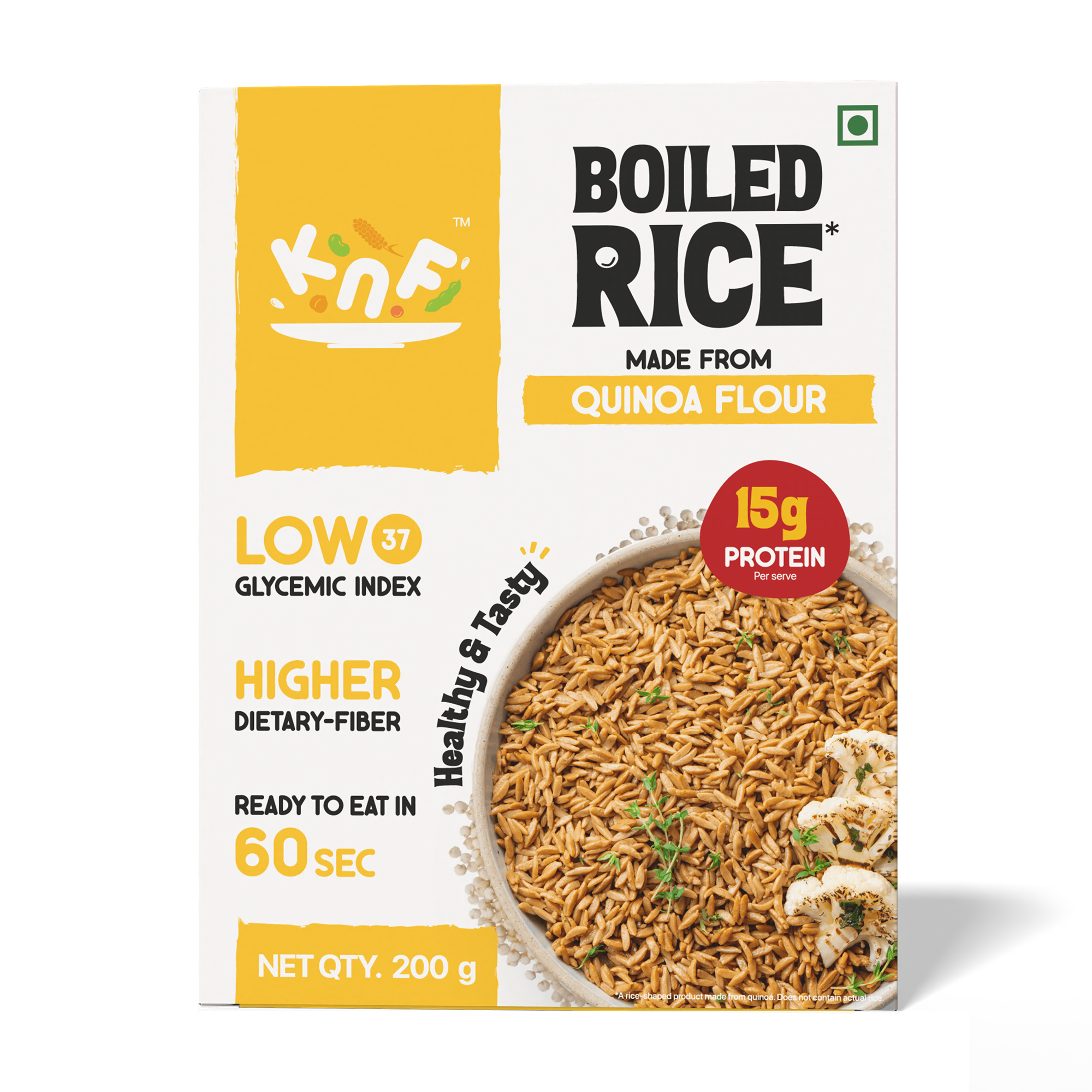 KNF Quinoa Rice | Boiled Rice Made from Quinoa Flour, 14g Protein, Low Glycemic, High Fiber, Vegan, Ready in 30 Seconds – 200g