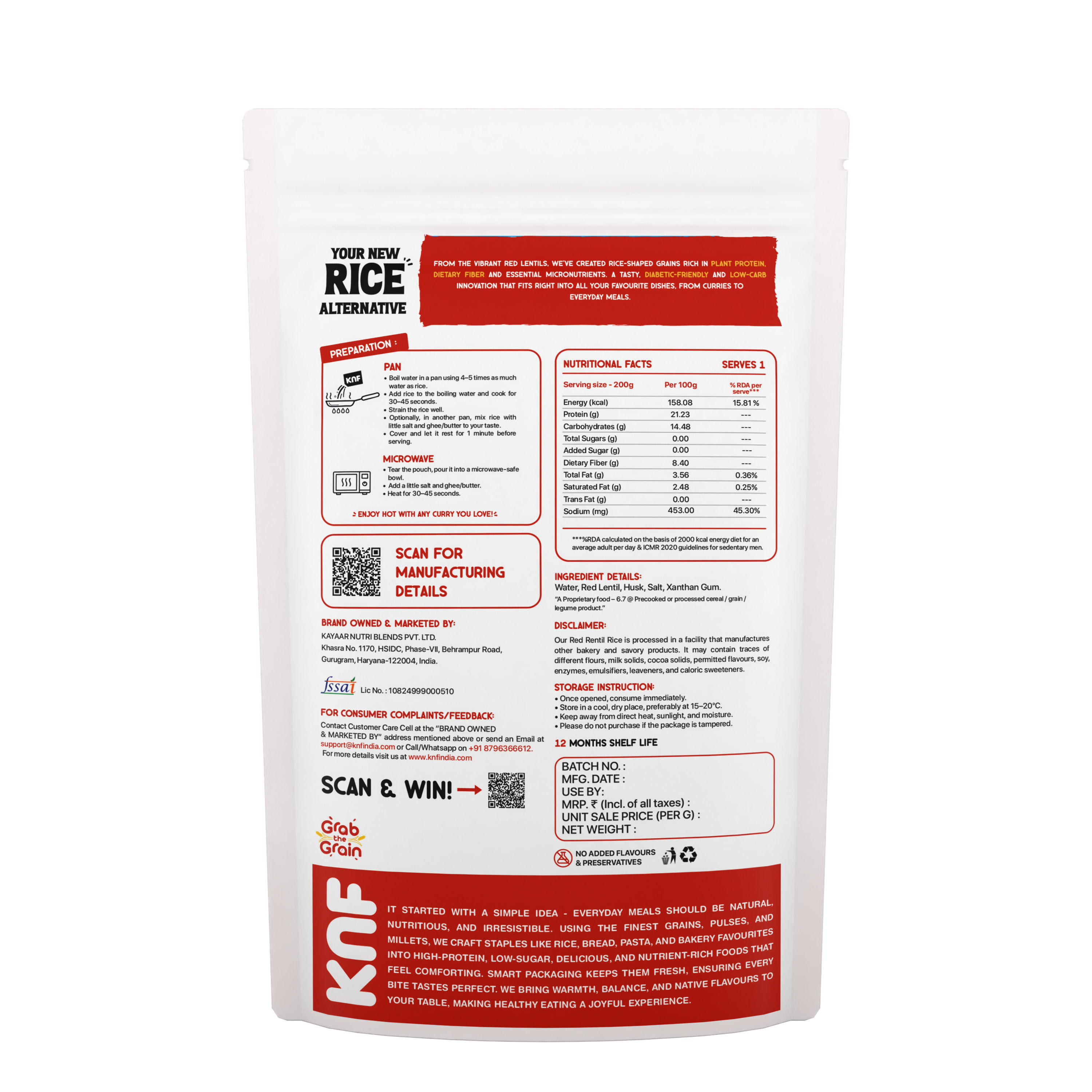 Kayaar Nutri Blends Red Lentil Rice | High Protein 24g, Low Glycemic, High Fiber | Vegan, Ready in 30 Seconds - 200g
