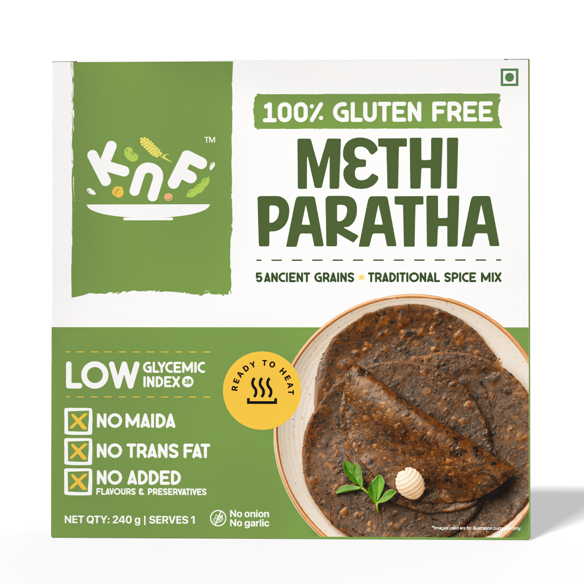 KNF 100% Gluten Free Methi Paratha | No Maida, No Trans Fat | No Added Colors & Preservatives | Ready to Heat | 240g (Serves 3)