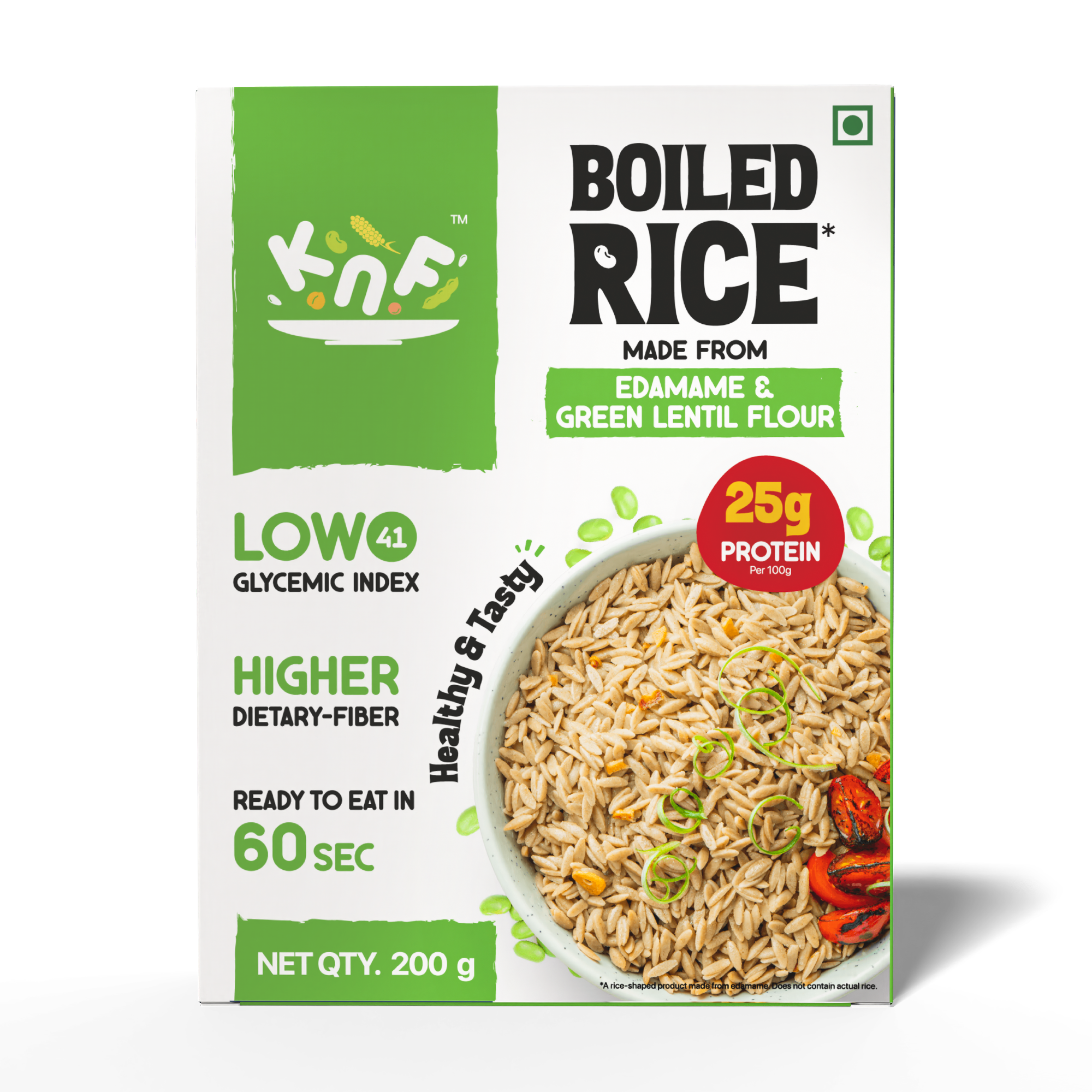 KNF Edamame Rice | Boiled Rice Made from Edamame Flour, 42g Protein, Low Glycemic, High Fiber, Vegan, Ready in 30 Seconds – 200g
