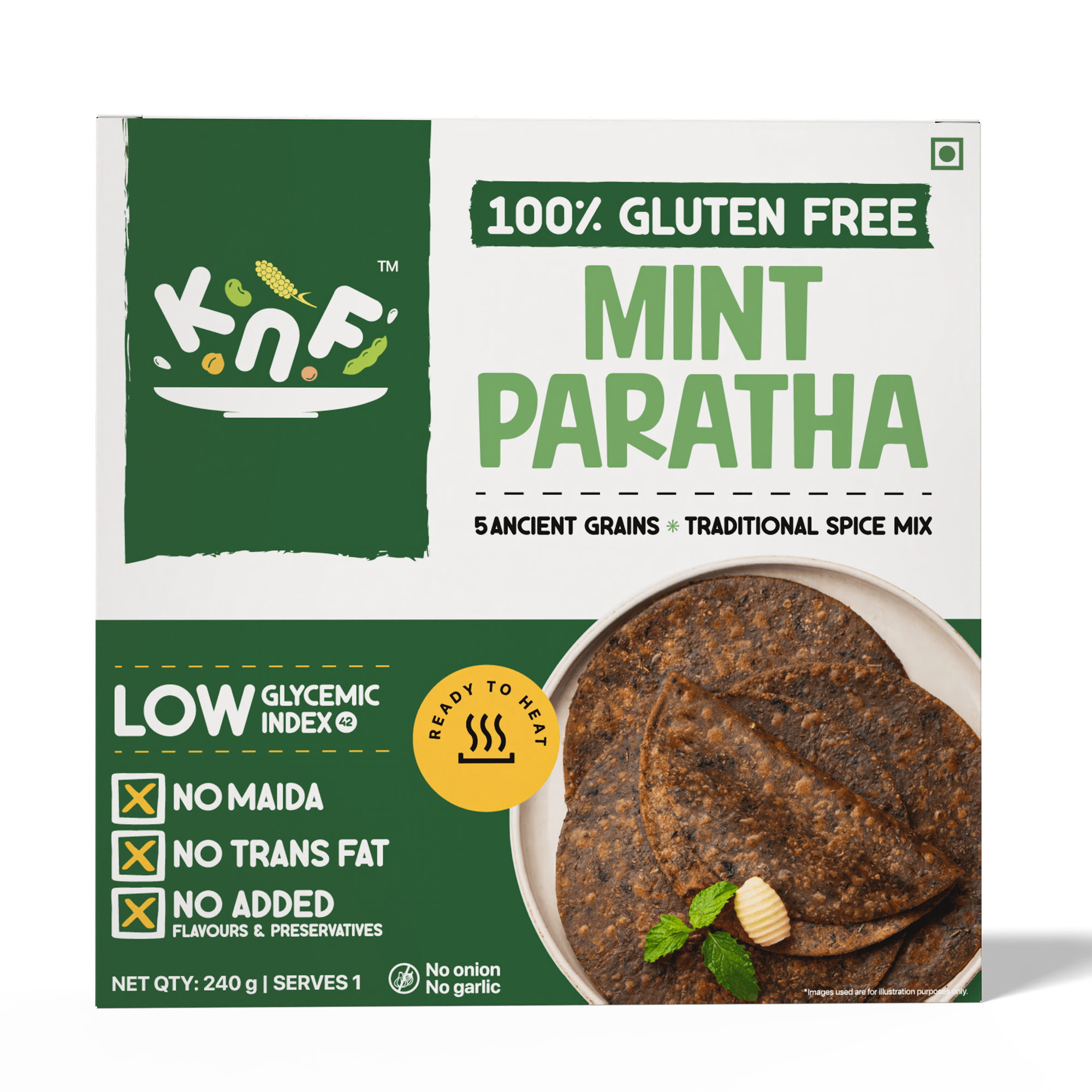 KNF 100% Gluten Free Mint Paratha | No Maida, No Trans Fat | No Added Colors & Preservatives | Ready to Heat | 240g (Serves 3)