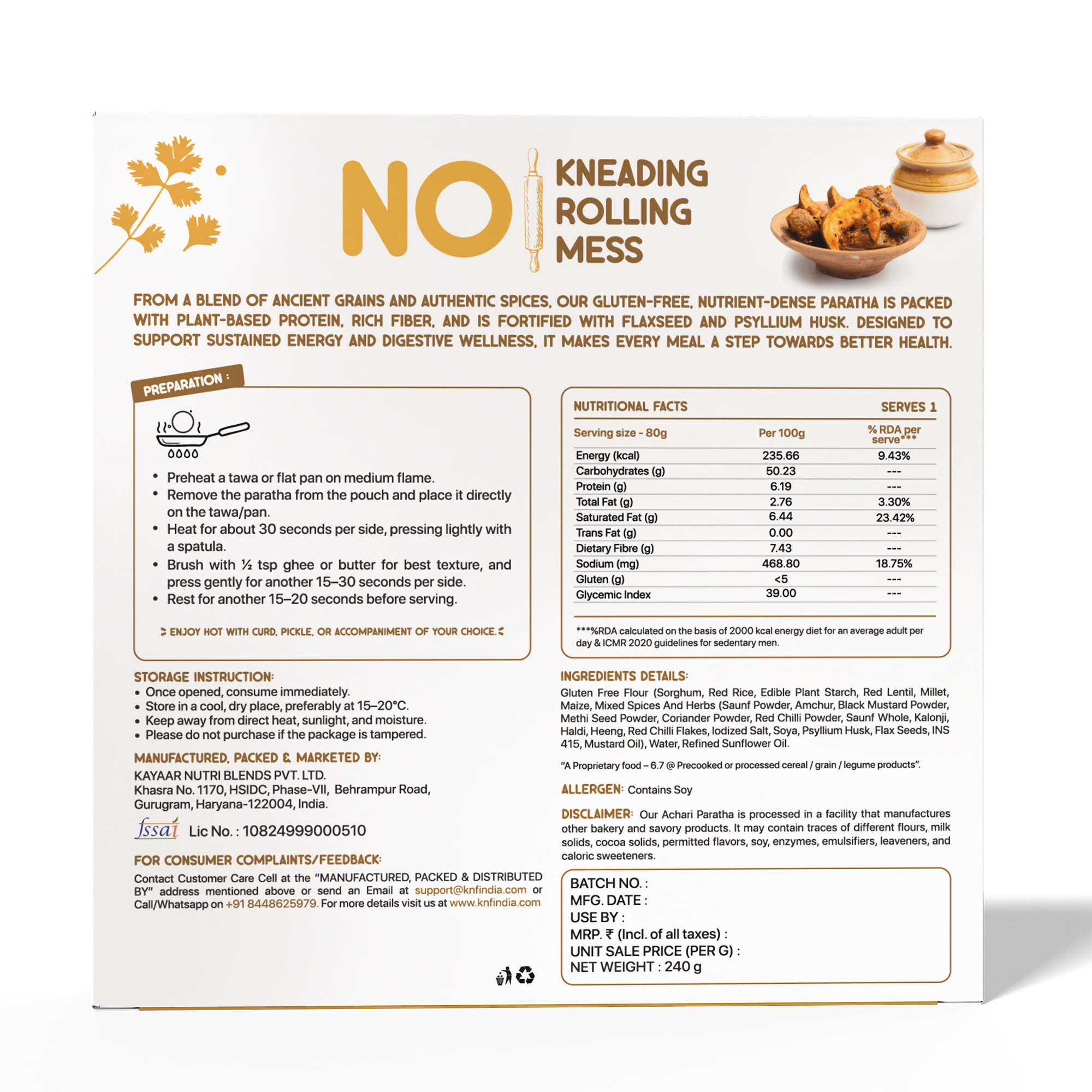 KNF 100% Gluten Free Achari Paratha | No Maida, No Trans Fat | No Added Colors & Preservatives | Ready to Heat | 240g (Serves 3)
