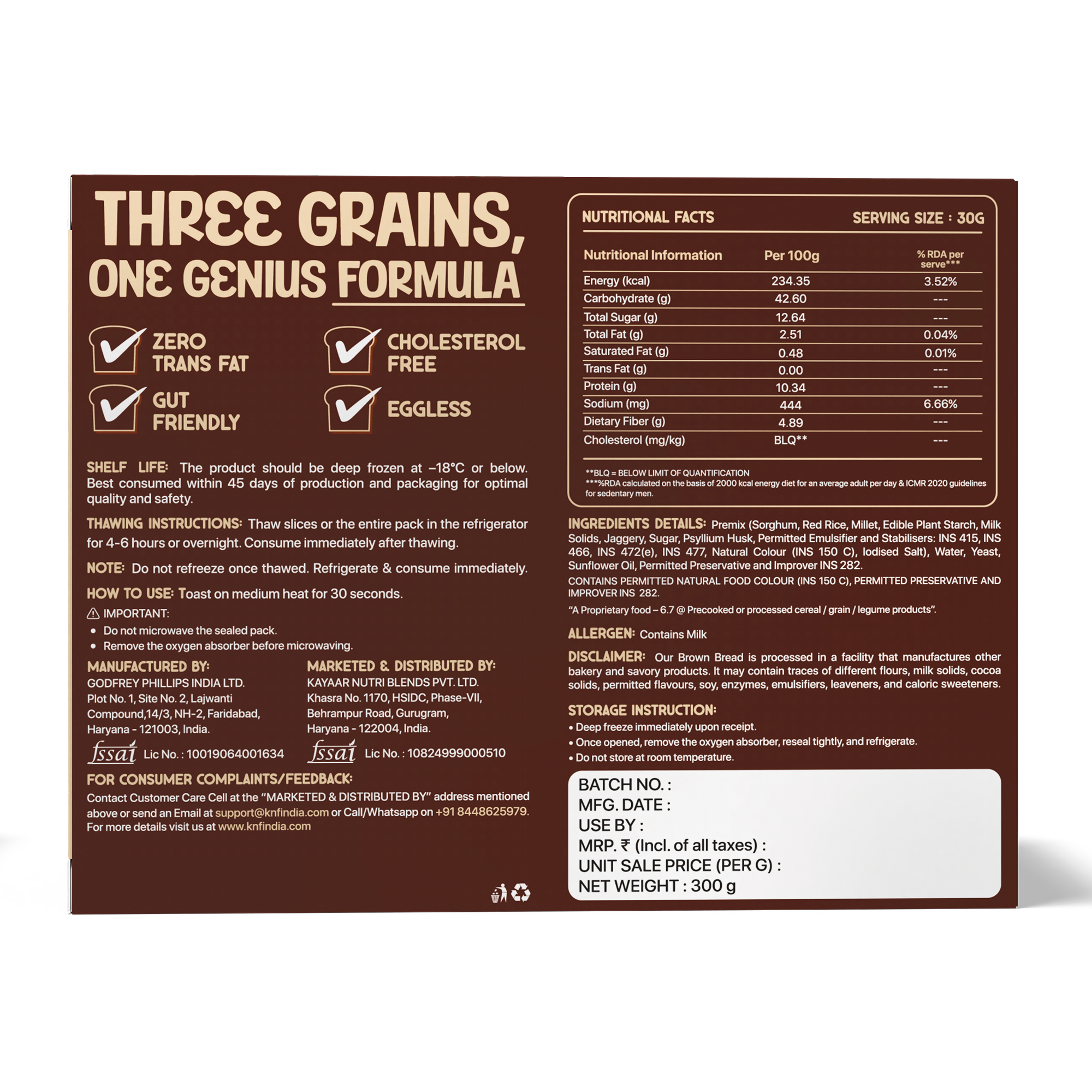 KNF 100% Gluten Free Brown Bread | Fiber-Rich Formula | No Maida, No Palm Oil, No Malt Powder | 300g, 10 Slices