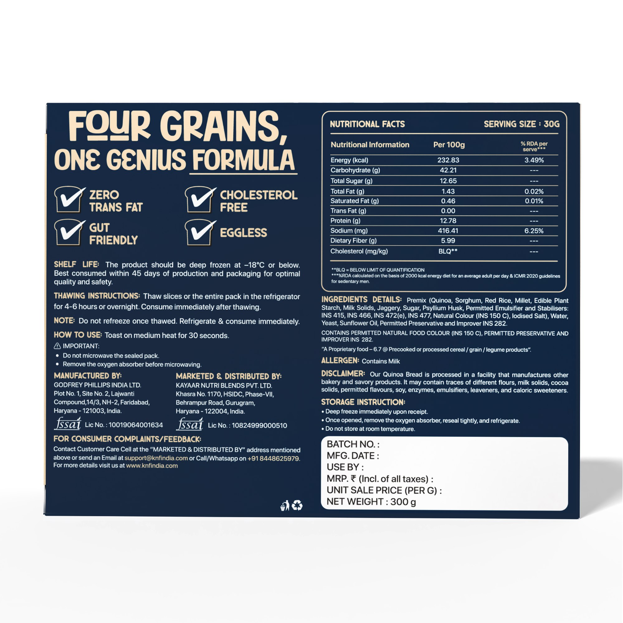 KNF 100% Gluten Free Quinoa Bread | Fiber-Rich| No Maida, No Palm Oil, No Malt Powder | 300g, 10 Slices