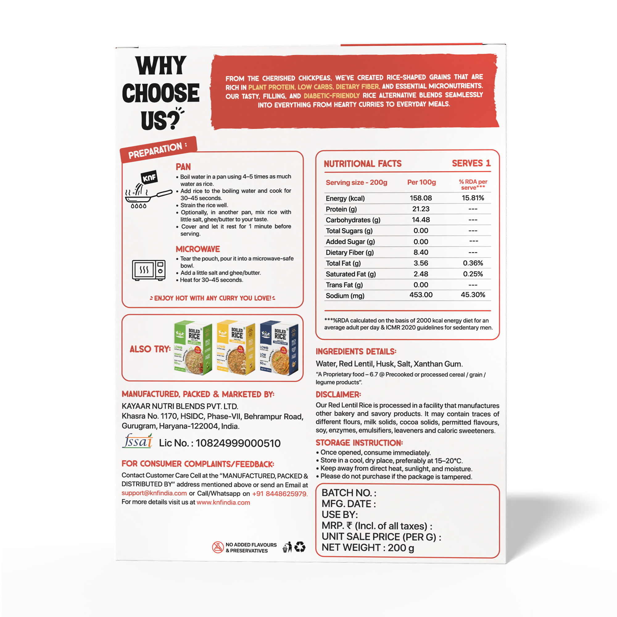 Kayaar Nutri Blends Red Lentil Rice | High Protein 24g, Low Glycemic, High Fiber | Vegan, Ready in 30 Seconds - 200g