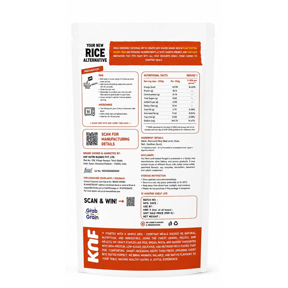 KNF Ready To Eat Pongal | High Protein | Low GI | Red Lentil based with Dietary Fiber | 25g Protein | 200g
